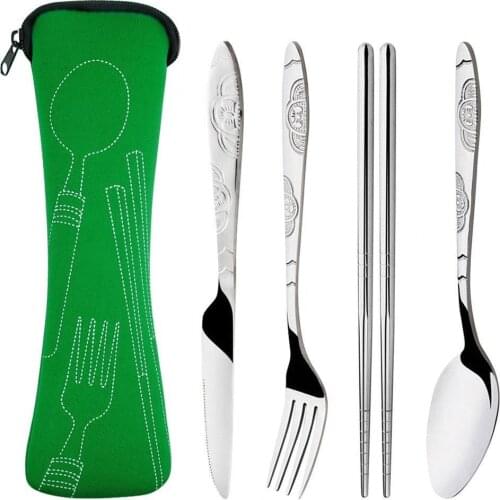 4 Pcs Stainless Steel Fork Spoon Chopsticks Travel Camping Cutlery Tools Portable Tableware Spoon Fork Knife Steel Cutlery HA