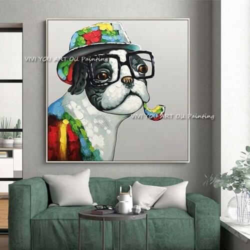 Abstract Dog Smoking Oil Painting on Canvas Nordic Bulldog with Glasses Wall Art Posters Pictures for Kids Room Decoration