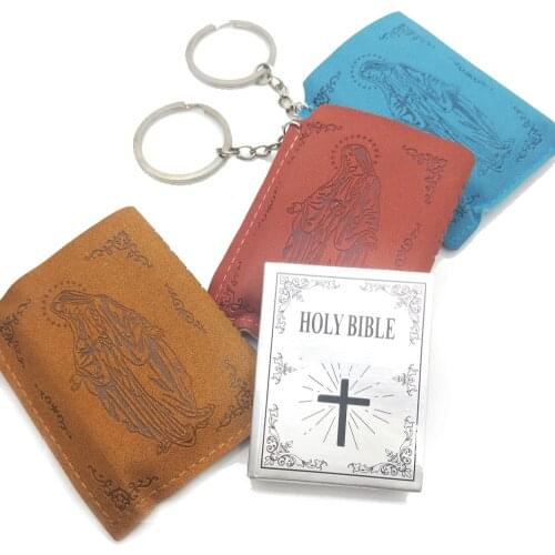 FREE SHIPPING BY DHL 100pcs/lot 2018 New Design Mini Holy Bible Keychains Holy Bible Keyrings With Leather Bag Jesus Image