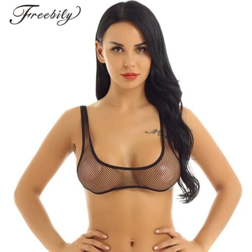 Women Sexy See Through Fishnet Hollow Out Summer Fashion Deep U-neckline Tank Tops Bustier Bra Crop Top Strappy Bralette Vest