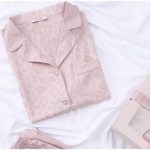 Pink Leopard Pajamas Set Satin Women Loungewear Casual 2PCS Shirt&Pants Sleepwear Faux Silk Nightwear Intimate Lingerie