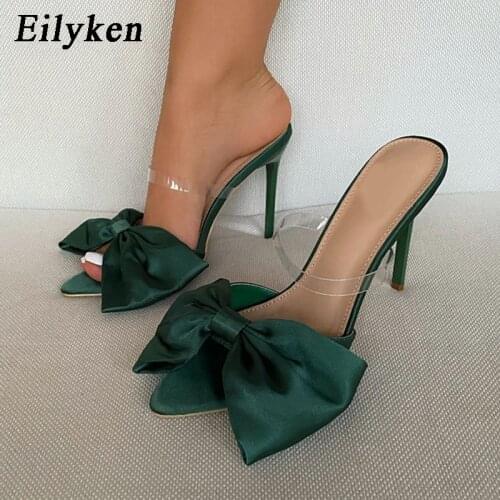 Eilyken New Fashion Big Butterfly-Knot Design Slippers Women Pointed Toe Stiletto High Heels PVC Transparent Strap Sandals Shoes