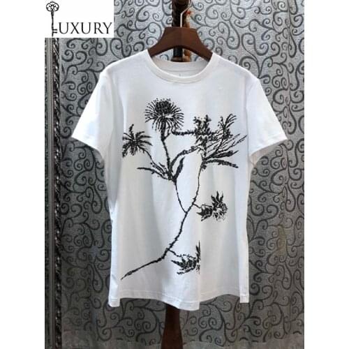 Tops & Tees 100%Cotton 2020 Spring Summer Fashion T-Shirts Women O-Neck Chic Prints Short Sleeve Casual Basic TShirt White Black