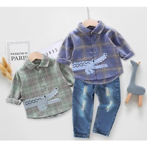 IENENS Kids Clothes Suits 2PCS Spring Boys Clothing Sets Cotton Outfits Child Plaid Shirt + Jeans 2-5 Years Casual Wear