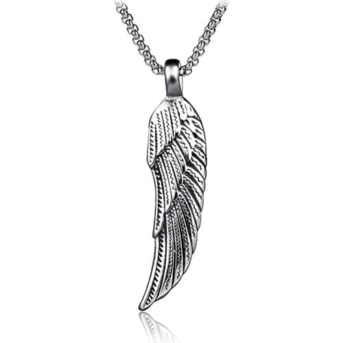 Fashion Mens Stainless Steel Feather Wing Necklace Classic Vintage Single Wing Silver Color Pendant Jewelry Gift Male LN3017