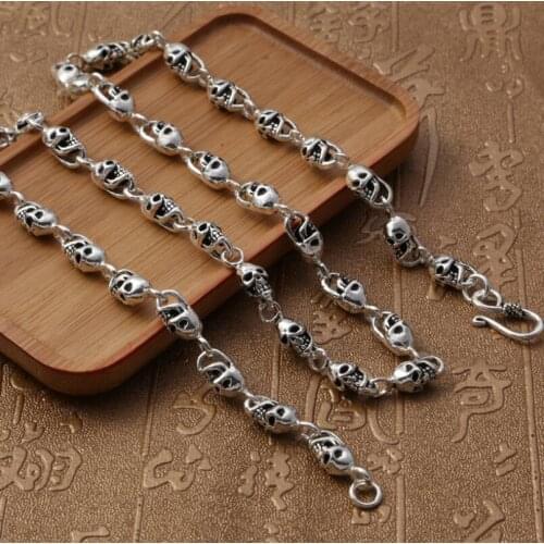 Pure Silver S925 Sterling 925 Silver Jewelry Retro Skull mens Necklace