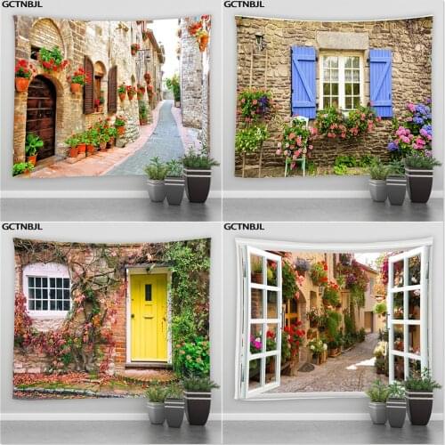 Landscape Tapestry Wall Hanging Rural Street Building Flower Plant Tapestries Art Living Room Bedroom Dorm Background Home Decor