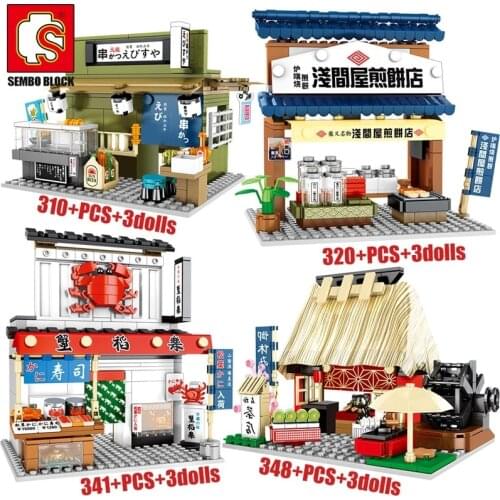 New City Street View Architecture Japan Food Shop House Retail Store Restaurant Sushi Takoyaki Ramen Model Building Block Toys