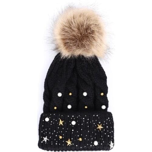 New winter wool knitted hat Fashion Pearl Knitted Beanies lovely Pompom Skull Cap