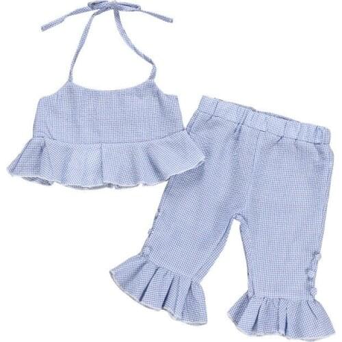 New Arrivels Baby Girl Plaid Clothes Summer Toddler Kids Stripe Ruffle Tops Flared Pants Outfits