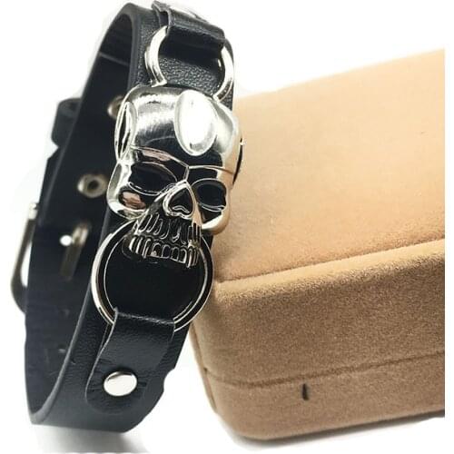 Punk Rock Men Bone Skull Black Leather Bracelet Cuff Wristband Gothic Men vintage jewelry steampunk skull leather bracelet