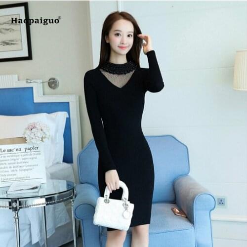 Solid Pencil Dress Women Autumn Black Full Sleeve Stand Knee-length Knitting Casual Office Dress Korean Vintage Dresses Ladies