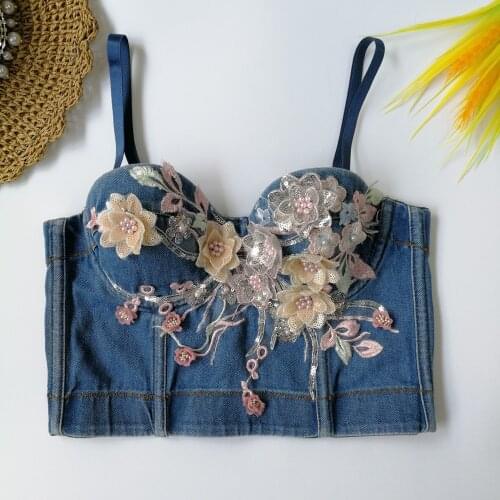 Original Design Denim Camisole Outer Wear For Women 3D Flower Beading Crop Top Push Up Bustier Bra Hot Girl Tube Top Y1442