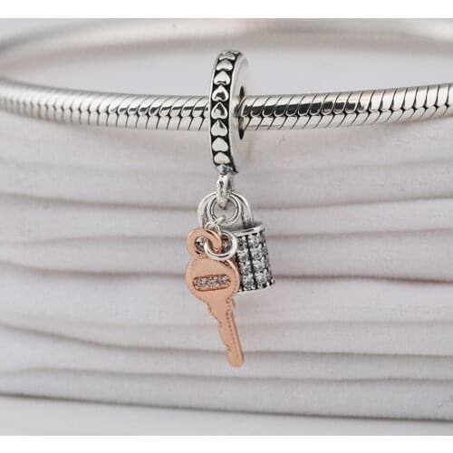 Authentic S925 Silver Pendant DIY Jewelry Golden Key & Lock Dangle Charm fit Lady Bracelet Bangle