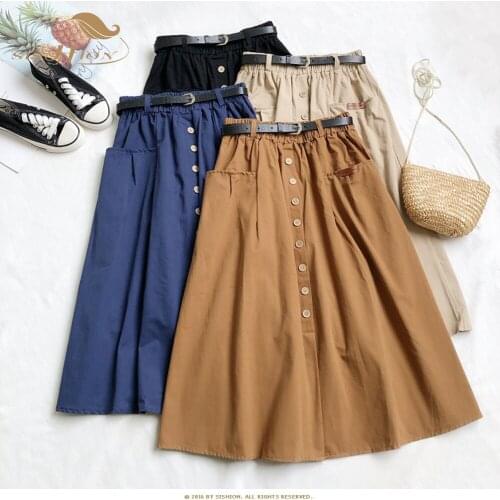 Casual Cotton Midi Long Skirt Women 2021 Autumn Korean Button Pocket Belt A Line High Waist Mid-length Skirt Female Green VD2288
