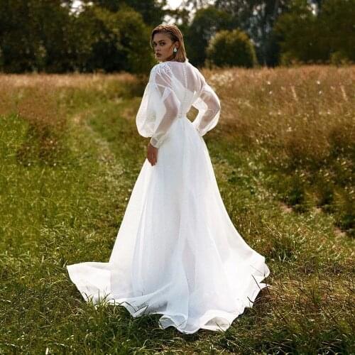 UZN Boho Two Pieces Wedding Dress A-Line Detachable Jacket Long Puffy Sleeves Bridal Gowns One Shoulder Satin Brides Dress