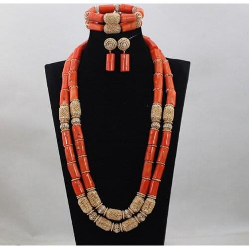 Splendid 2 Layers Coral Necklace Bracelet Earrings Set Natural Tube Coral Beaded Bridal Jewelry Set 2017 New CNR746
