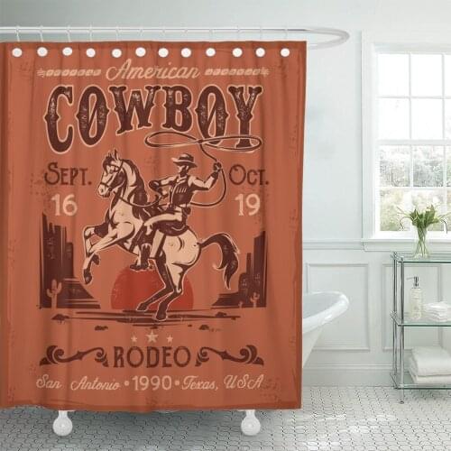 Western Rodeo Cowboy Sitting on Rearing Horse in Retro Shower Curtain Waterproof Polyester Fabric 72 x 72 Inches with Hooks