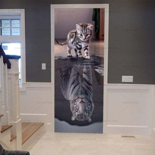 Cat Tiger Mirror Wallpaper Sticker 3D For Door Vinyl Decorative Animals Art DIY Door Stickers Home Decoration Accessories Modern