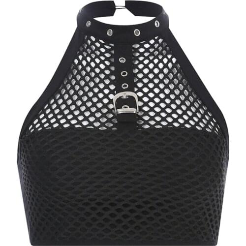 Women Mesh Fishnet Black Crop Top Dark Gothic Summer Backless Streetwear Halter Choker Metal Buckle Camisole Tank Vest 066C