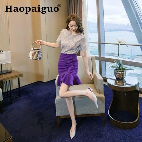 Women Modis Streetwear Internet Celebrity Style 2 Piece Set Sequin Tshirt and Ruffles Bodycon Wrap Skrit Women Two Piece Set