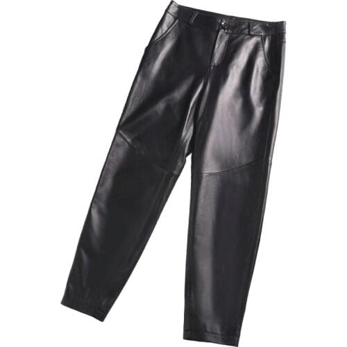 Real Sheepskin Leather Pants for Women Spring Autumn 2021 Female High Waist Pants Ankle-length Harem Pant Pantalon Femme Zjt2411