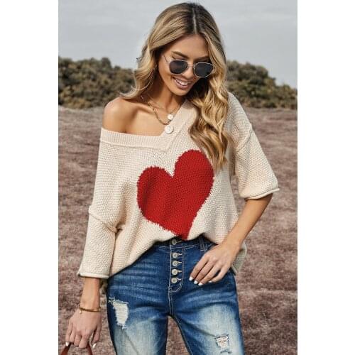Beige V-neck Dropped Sleeve Heart Print Slouchy knitting Top Women Summer Autumn Casual Loose Tops