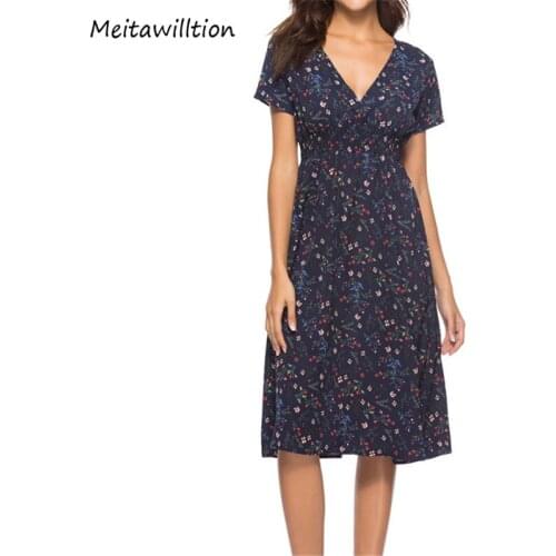 Sexy V-Neck Print Beach Dress Women Spring Short Sleeve Ruffled Midi Dress 2020 Vintage Chiffon Party Dresses Vestidos