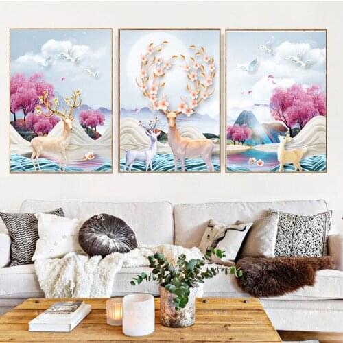 Diamond Embroidery Mosaic Painting Cross Stitch Special Shaped Full Triptych Rich Elk North European Style DIY 5D Decoration