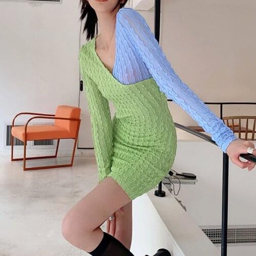 Elegant Office Lady Dress Female Autumn New Long-sleeved Sexy V-neck Stitching Slim Temperament Stretch Mini Tight Dress Female