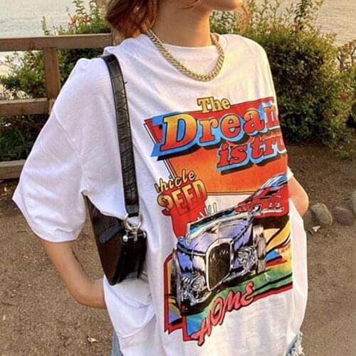 Contrast Color Large Pattern Retro America Style T Shirts for Women O-Neck Loose Oversized White Cotton Fashion Girls Streetwear