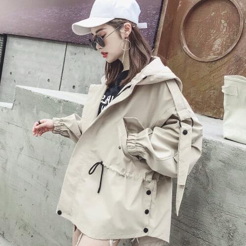 Spring Autumn Hooded Jacket Women Fashion Korean Windbreakers Casual Loose Coats Solid Short Frock Coat Zipper Pocket Outwear