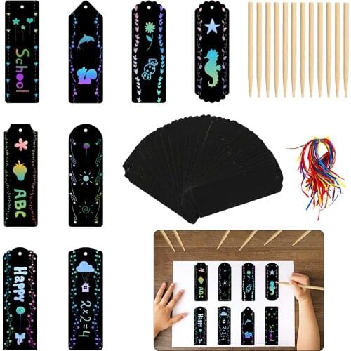 Metable 48 Set Scratch card Bookmark Black Colour Tags Magic Rainbow Paper with Wooden Stylus Stick for Kids DIY Gift
