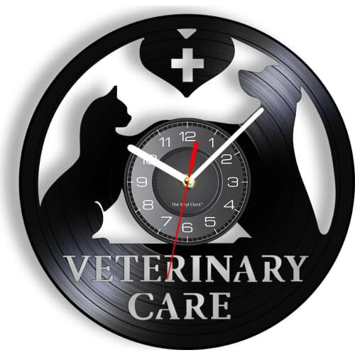 Dog Cat Veterinary Care Vinyl Record Wall Clock Veterinary Clinic Wall Art Decorative Wall Watch Pet Vet Care Animal Lover Gift