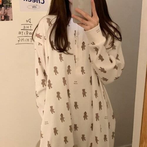 Little Bear Nightgown Kawaii Homewear Korean Split Long Sleeve Spring Sleepwear Long Christmas Cartoon Bear Home Clothes