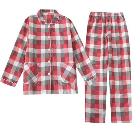 Lovers Spring New Pajama Set Plaid 100% Gauze Cotton Men & Women Couple Sleepwear Turn-Down Collar Casual Home Wear