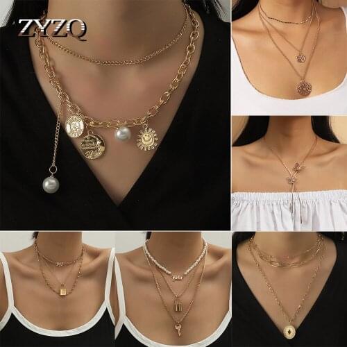 ZYZQ Fashion Multilayer Geometric Necklace for Women Imitation Pearls Pendant Necklace&Chain Chokker Necklace 2020 Jewelry