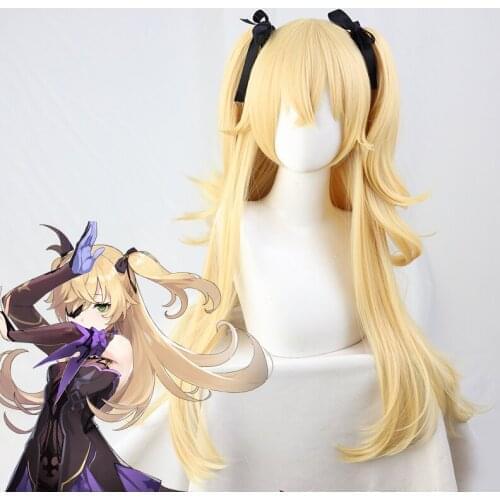 Genshin Impact Fischl Wig Cosplay Blonde Twin Curly Ponytails Golden Straight Heat Resistant Hair Adult Halloween Role Play