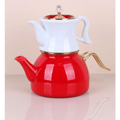 2.5 litre alt 1.1 litre üst su hazneli çaydanlık seti 3 parça üst kısmı porselen alt emaye kaplanmış Çelik çaydanlık porselen