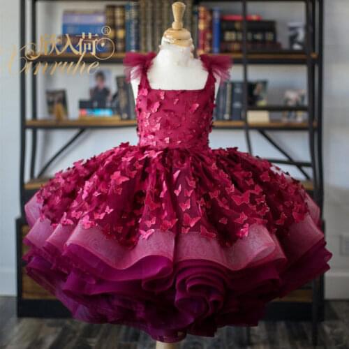 Wine Red Girls Puffy Princess Ball Gowns Lace Up Back Girls Ballet Puffy Dresses Butterfly Lace Applique Infant Baby Tutu Dress