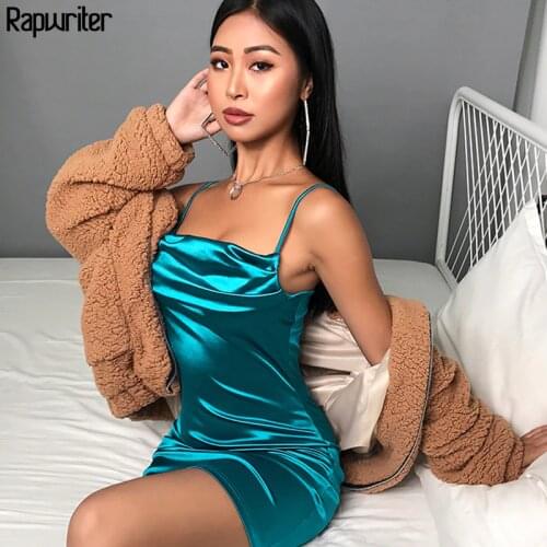 Rapwriter Sexy Off Shoulder Spaghetti Strap Satin Mini Dress Women 2020 Elegant Bodycon Backless Party Ladies Summer Dresses