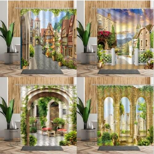 Garden Street Scenery Shower Curtain Bathroom Decors Green Plant Flower 3D Italian European Town Landscape Fabric Bath Curtains