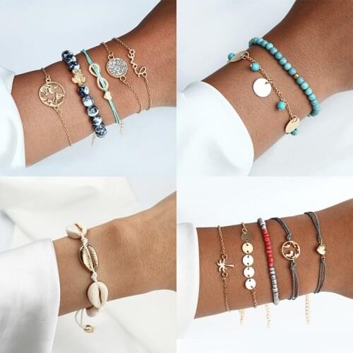 Styles Bohemian Bracelet Set For Women Shell Star Map Lotus Pineapple Heart Natural Stone Beads Chains Bangle Jewelry Gifts