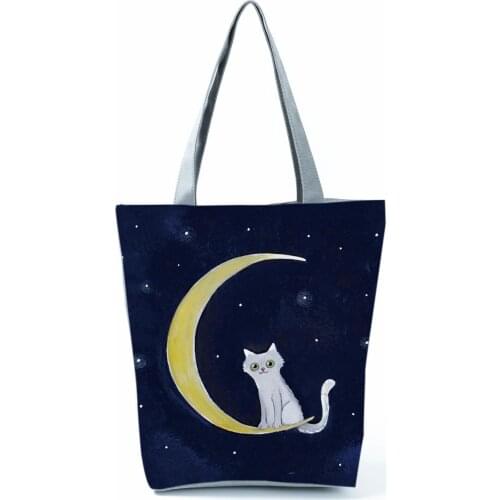 Starry Sky Shoulder Bag Moon Cat Printed Handbags Lovely Pretty Tote Female HIgh Capacity Shopping Bag Eco Friendly Beach Bag