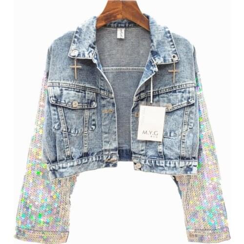 2021 Spring Autumn Casual Heavy Industry Sequins Womens Denim Jacket Vintage Bomber Jeans Coat Tops For Women Cropped Top A782