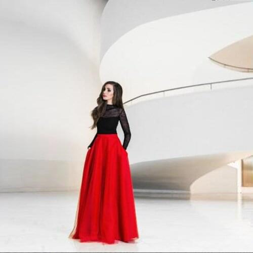 New Red Maxi Tulle Skirt with Two Pockets High Waisted Floor Length Long Skirts Womens Tutu Formal Prom Party Skirt Custom