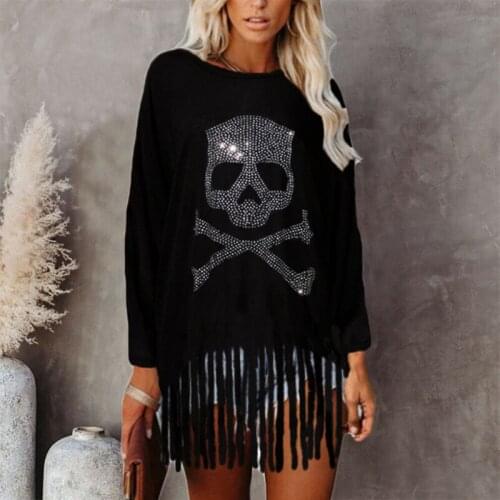 New Autumn Halloween Skull Drilling Print Women Shirt Bat Long Sleeve Top Casual Loose Winter Fashion High Street Tassel T Shirt