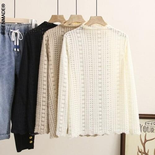 Womens Clothing T-Shirts Plus Size Spring 2021 Casual Tees Long Sleeve Mock Neck Lace Tops Camiseta Mujer