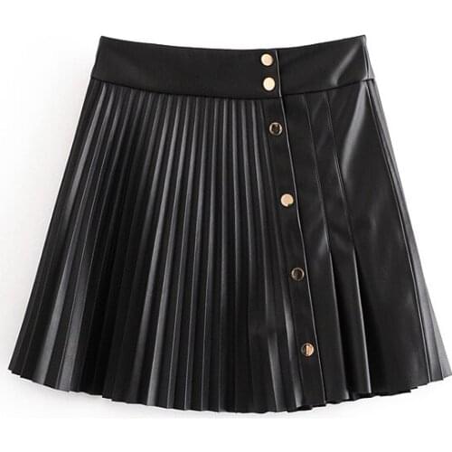 Women faux fur pleated mini skirts 2020 fashion ladies button above knee solid skirt chic female england style