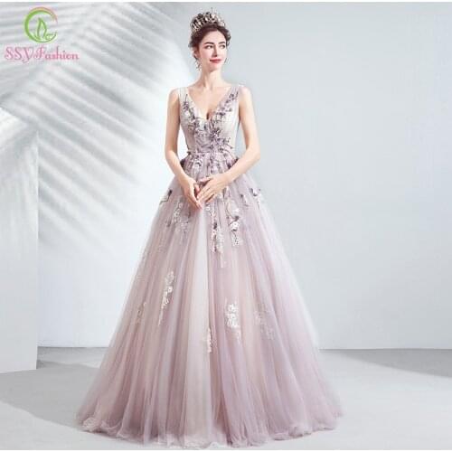 SSYFashion New Lace Flower Evening Dress Bride Banquet Elegant V-neck Appliques Beading Long Formal Gown Vestido De Noche